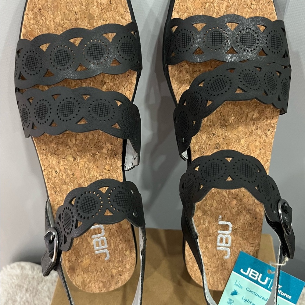 JBU Women's Black Laser-Cut Cork Footbed Sandals with Buckle Strap